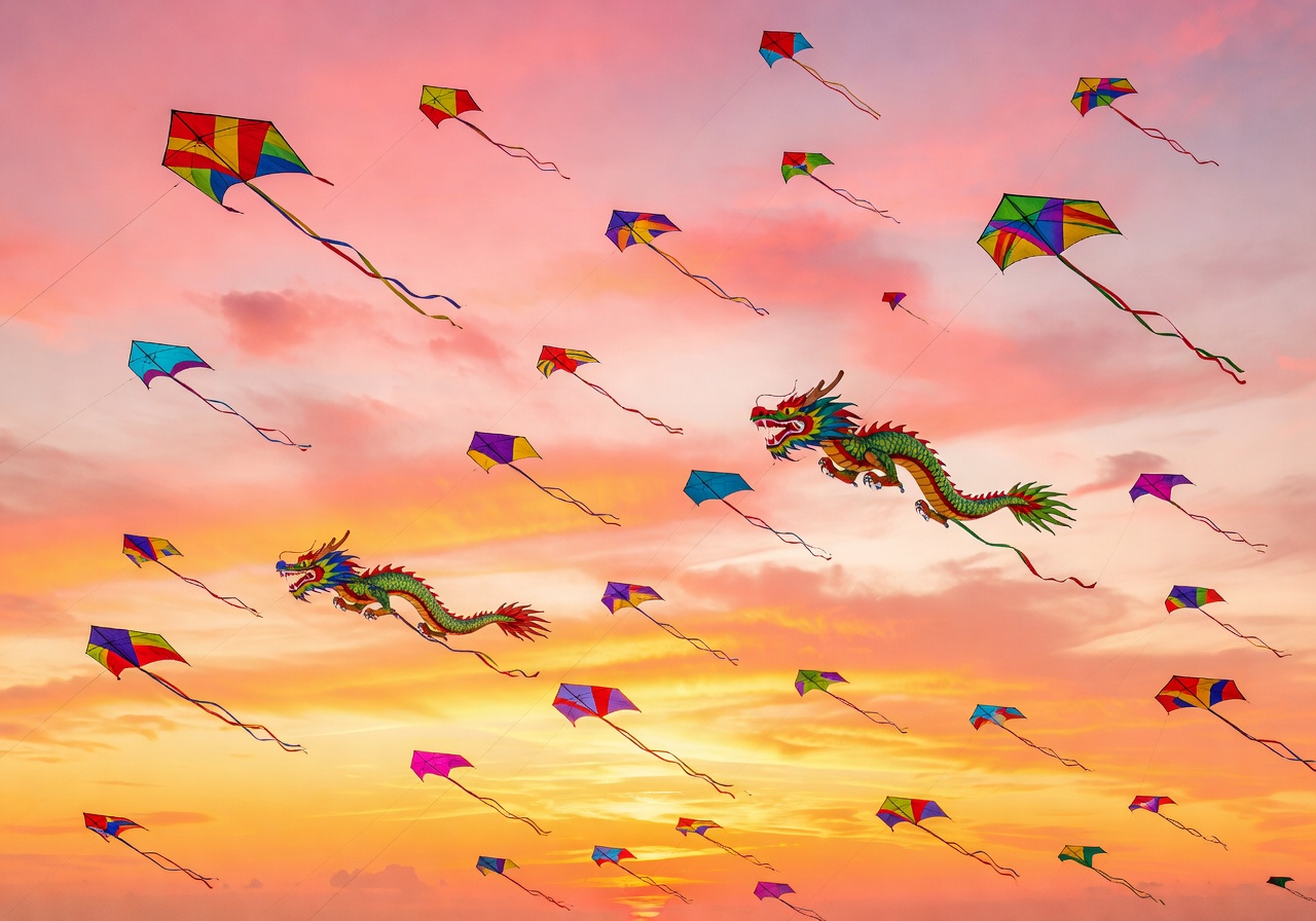 Colorful kites flying against a beautiful sunset sky with soft clouds