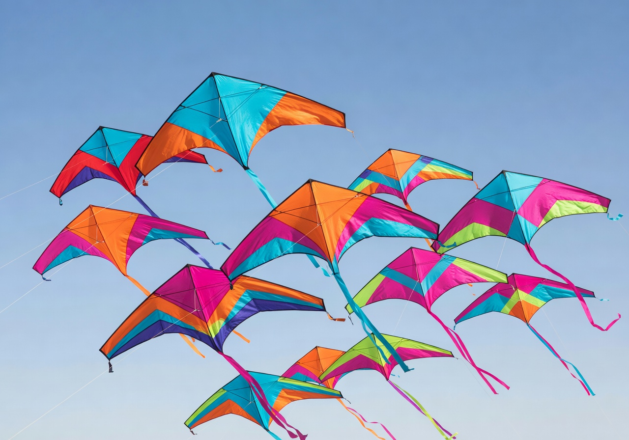 Colorful kites flying close up against a clear aesthetic sky