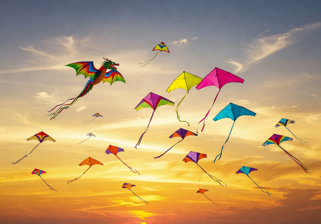 Colorful kites soaring through a golden sunset sky with wispy clouds